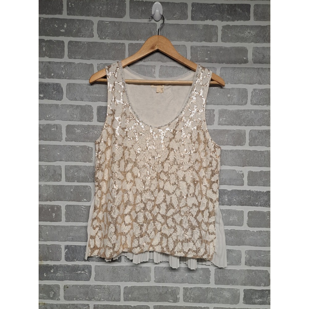 Anthropologie Meadow Rue Sequin‎ Ivory Gold Sleeveless Top Pleated Scoop Neck L